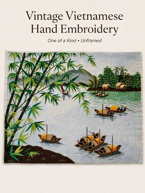Vintage Vietnamese Hand Embroidered River Boat Textile Art 13-14x20-22 Unframed